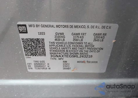 2024 Chevrolet Equinox Awd 2Fl из США, поврежденный, VIN 3GNAXTEG5RL243219